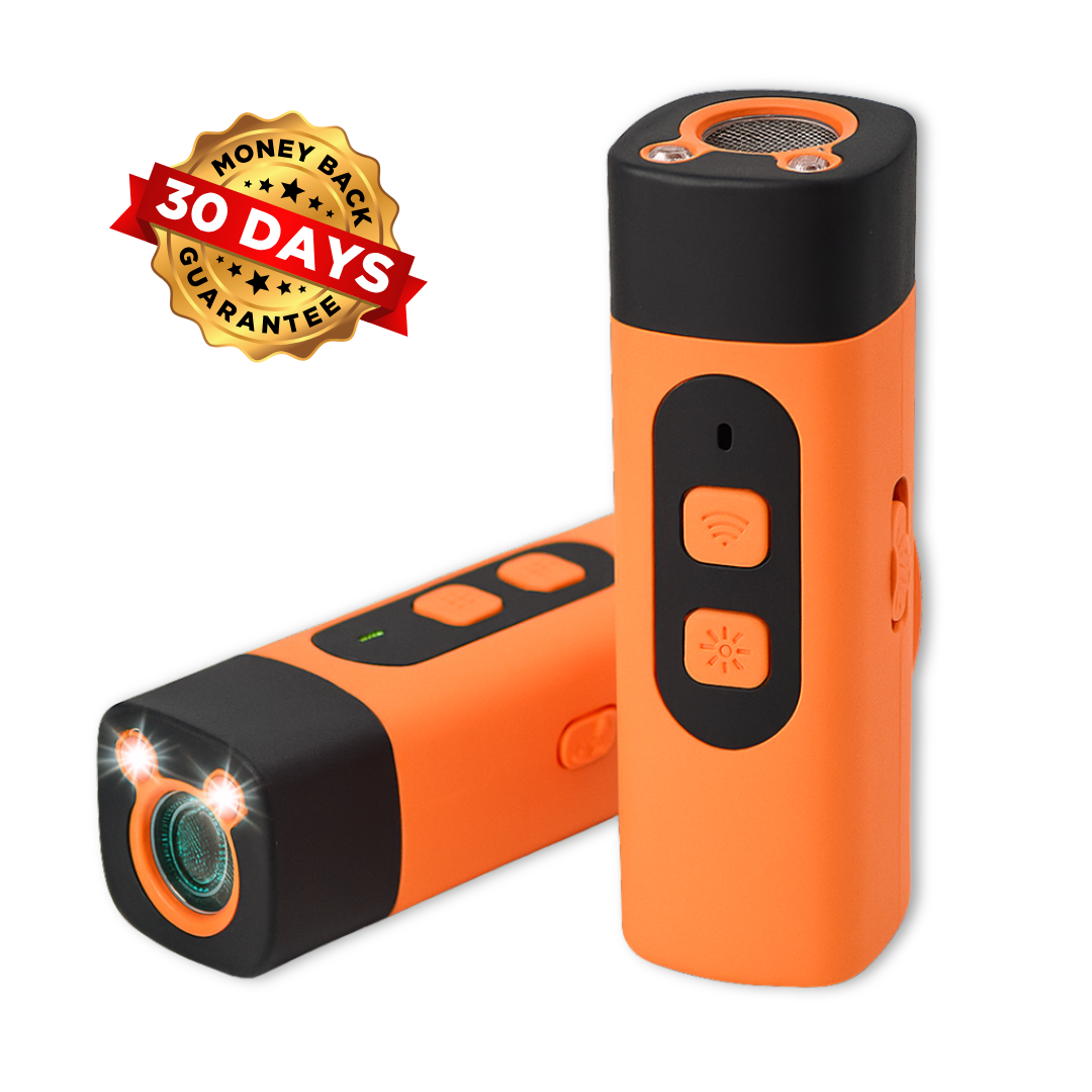 Orange and black portable device with flashlight feature on a white background, featuring a money-back guarantee badge.