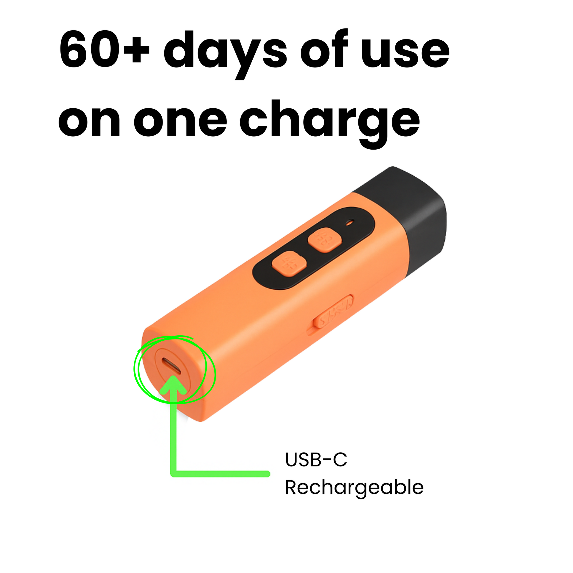 Orange and black rechargeable device with USB-C port on a white background
